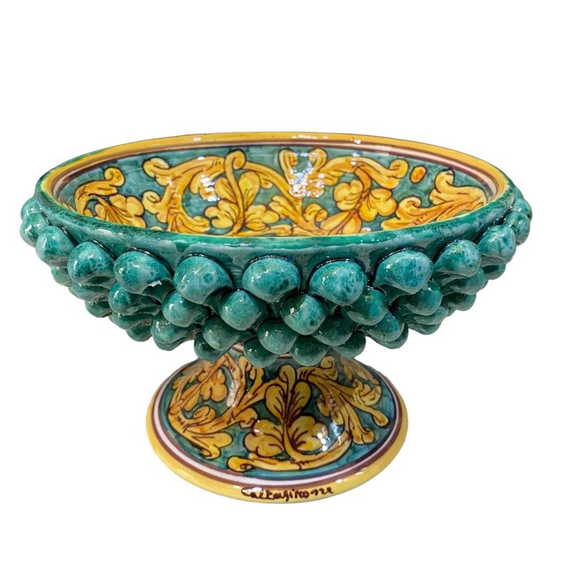 Pigna stand in Caltagirone ceramic, Baroque decoration on a verdigris background, Diameter 29 cm, h 17 cm approx. Mod TD