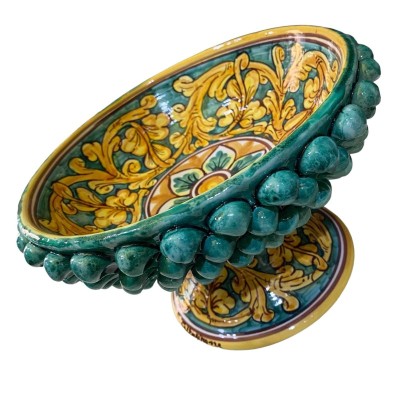Pigna stand in Caltagirone ceramic, Baroque decoration on a verdigris background, Diameter 29 cm, h 17 cm approx. Mod TD