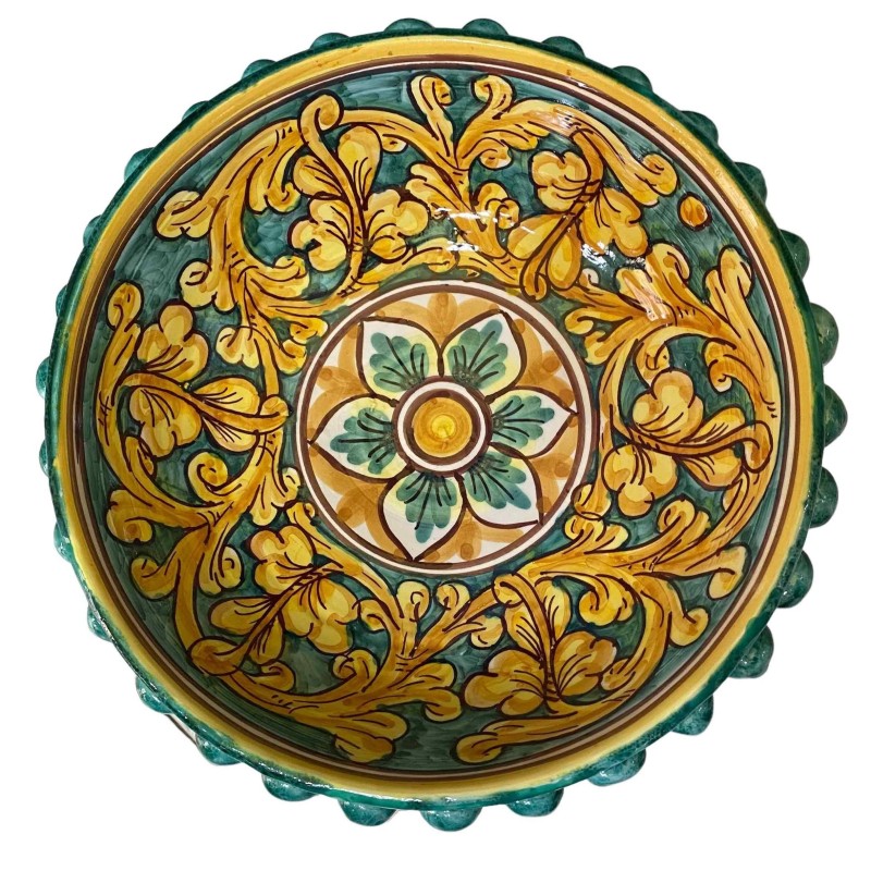 Pigna-Tortenständer aus Caltagirone-Keramik, barockes Dekor auf Grünspan-Hintergrund, Durchmesser 29 cm, Höhe ca. 17 cm.
