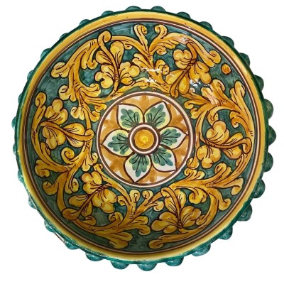 Pigna-Tortenständer aus Caltagirone-Keramik, barockes Dekor auf Grünspan-Hintergrund, Durchmesser 29 cm, Höhe ca. 17 cm.