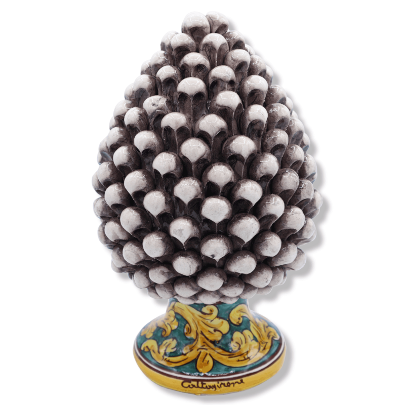 Sicilian pine cone in Caltagirone ceramic Antiqued White color, baroque decoration stem, h25/26 cm approx. Mod. TD - 