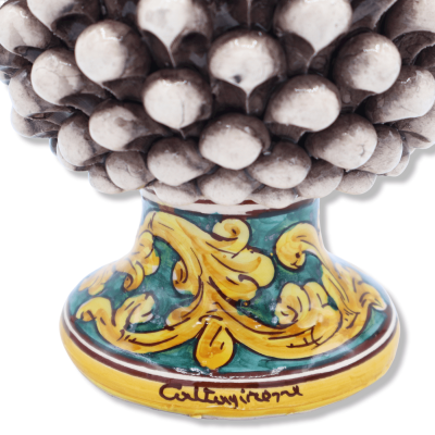 Pinha siciliana em cerâmica Caltagirone na cor Branco Antigo, caule com decoração barroca, h25/26 cm aprox. Mod. TD - 