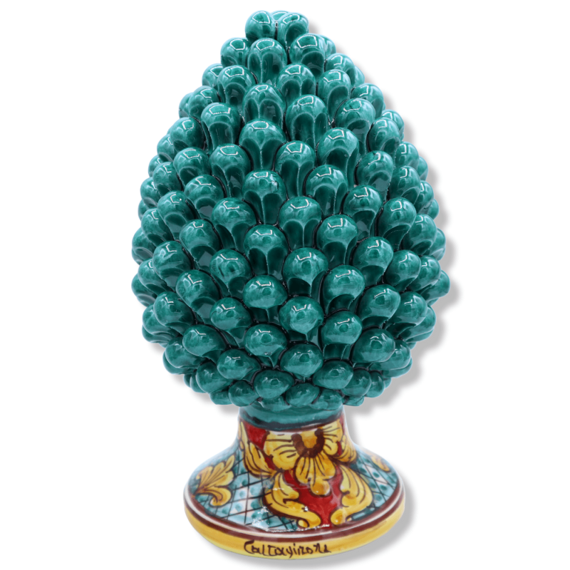 Sicilian pine cone in Caltagirone ceramic verdigris colour, stem with baroque decoration, h25/26 cm approx. Mod. TD - 