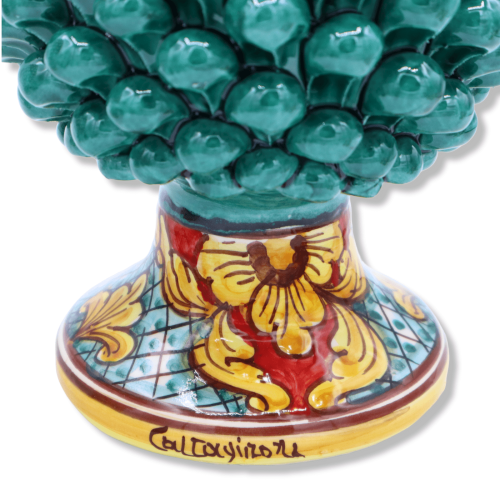 Pigna Siciliana in ceramica Caltagirone con 2 opzioni dimensione (1Unità) Verderame, gambo decoro barocco e fiore -  2