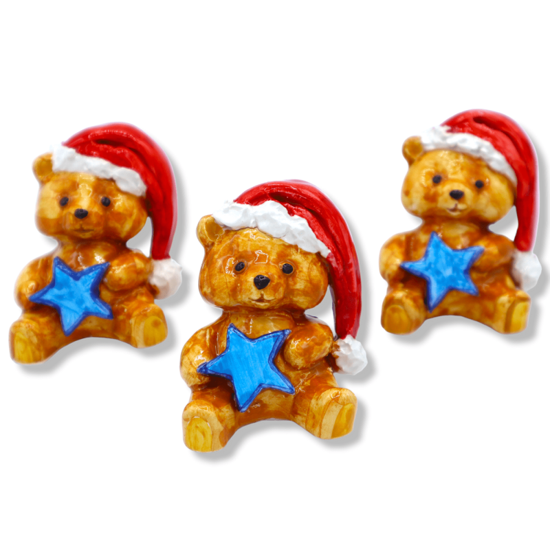 Christmas Teddy Bear in Caltagirone Ceramic, h 6 cm approx. with star and Santa Claus hat - 