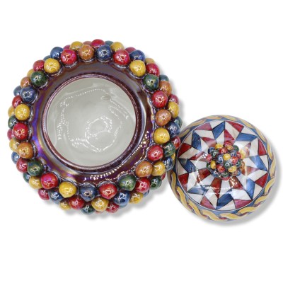Koekjestrommel of dennenappel sieradendoosje, Caltagirone keramiek, Veelkleurig met parelmoer glazuur, in verschillende 