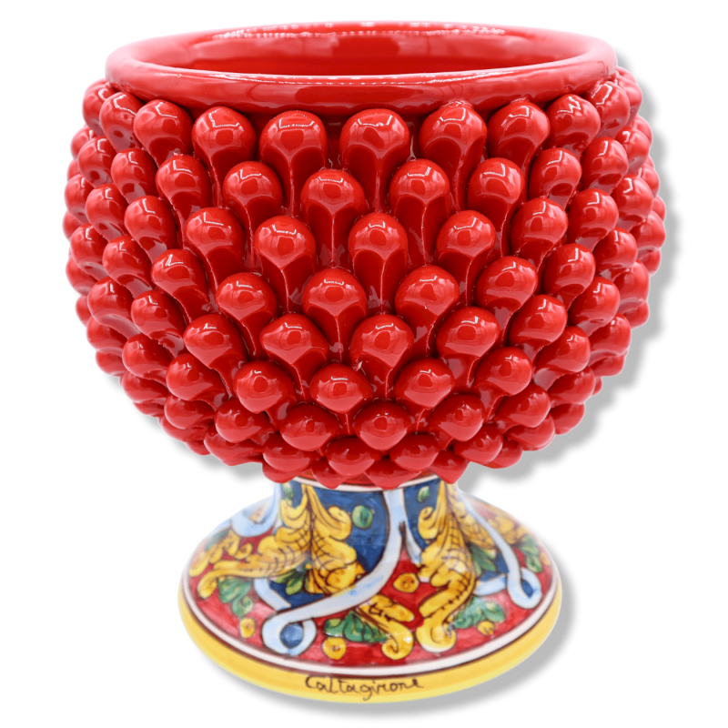 Caltagirone Mezza Pigna vase in red color and stem with baroque decoration, Ø 23 cm approx. Mod TD - 