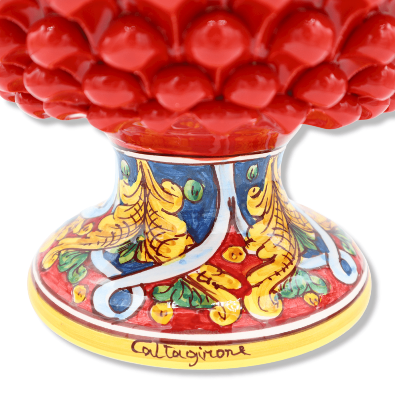 Vase Half Pigna Caltagirone färg Röd och Gambo med barock dekoration, diameter 23 cm ca. TD - 