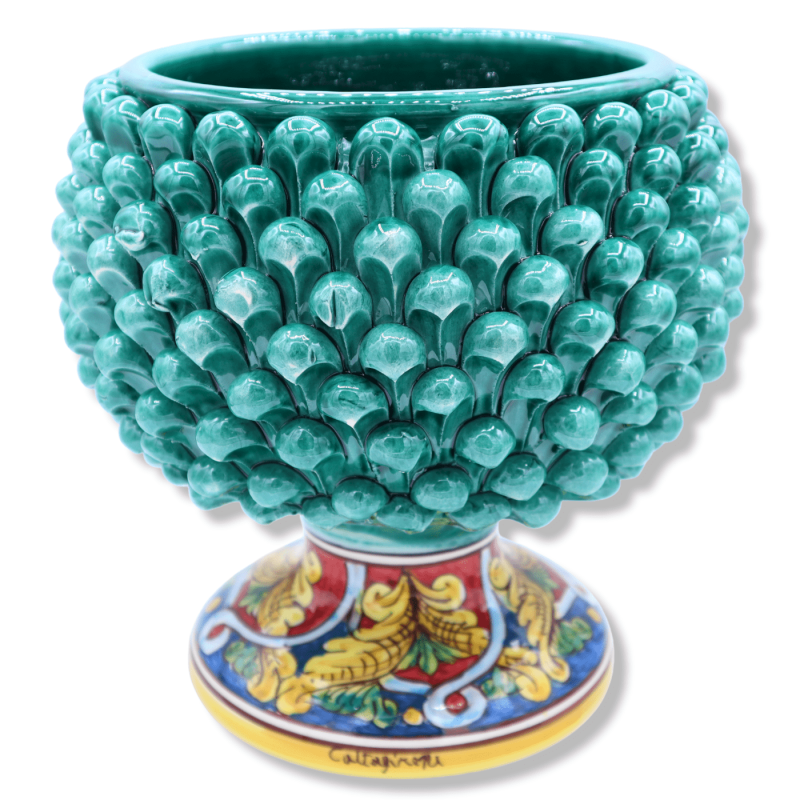 Caltagirone Mezza Pigna vase in verdigris color and stem with baroque decoration, Ø 23 cm approx. Mod TD - 