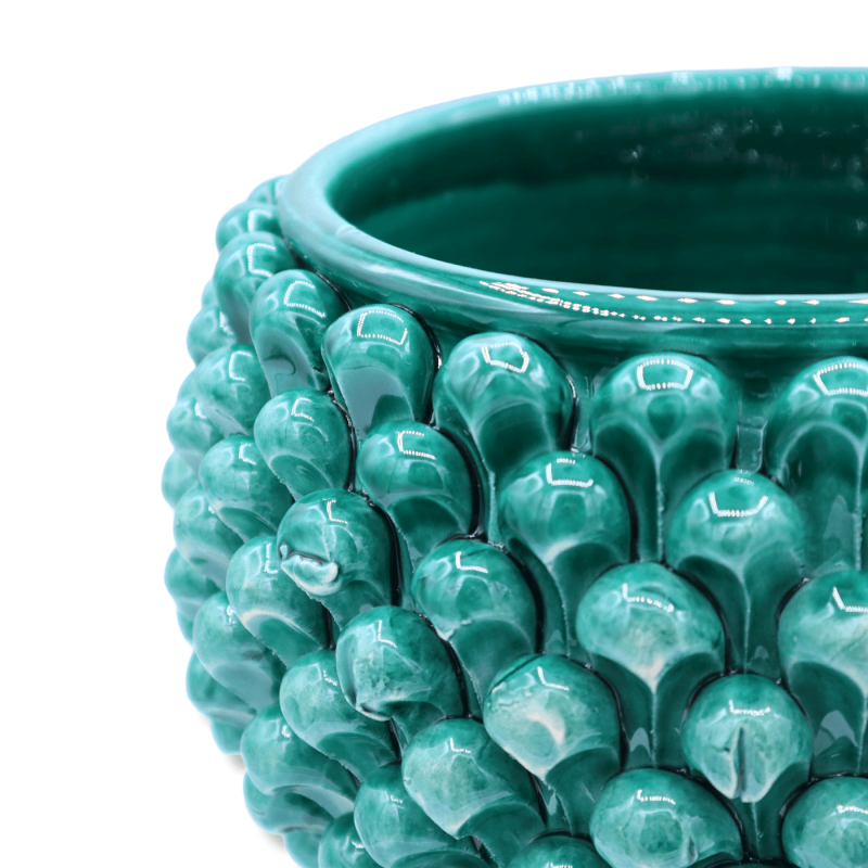 Vaso Caltagirone Mezza Pigna na cor verdete e haste com decoração barroca, Ø 23 cm aprox. Mod TD - 