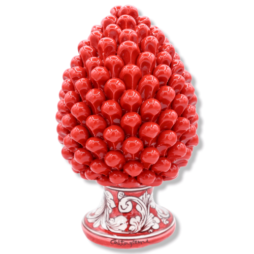 Pinha siciliana em cerâmica Caltagirone vermelha, caule com decoração barroca branca, 25/26 cm aprox. Mod. TD - 