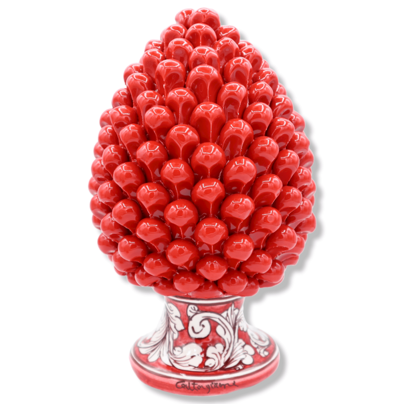 Piña de pino siciliano en cerámica Caltagirone roja, tallo con decoración barroca blanca, h 25/26 cm aprox. Mod.TD - 
