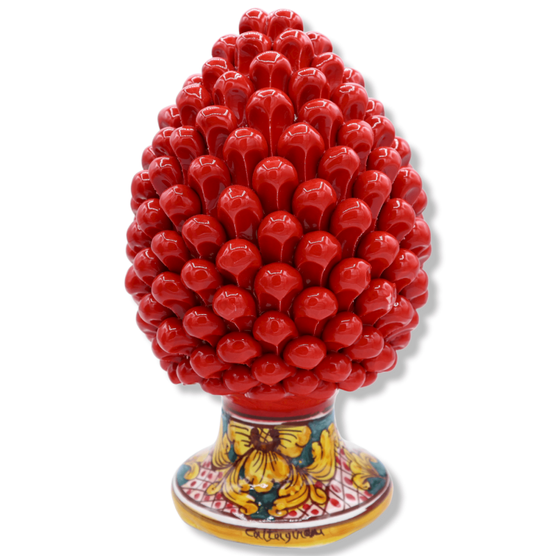 Piña de pino siciliano en cerámica roja Caltagirone, tallo con decoración barroca y ajedrezada, h 25/26 cm aprox. Mod.TD
