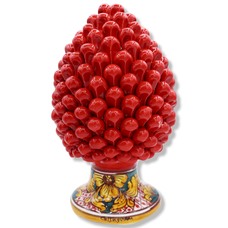 Sicilian pine cone in red Caltagirone ceramic, stem with baroque and chess decoration, h25/26 cm approx. Mod. TD - 