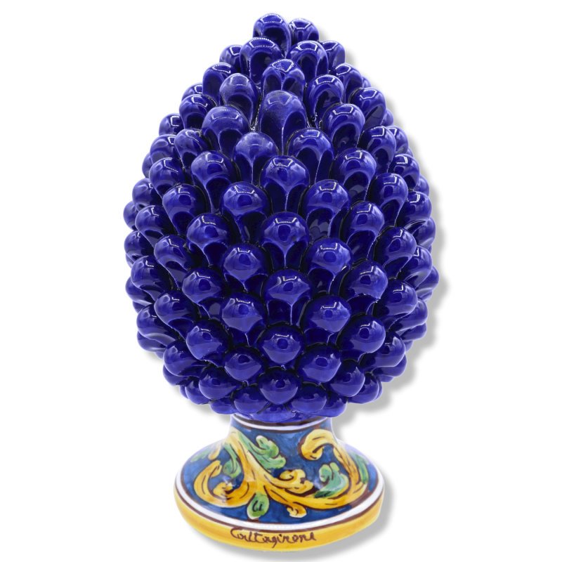 Pigna Siciliana in ceramica Caltagirone con 2 opzioni dimensione (1pz) Blu, gambo decoro barocco e foglie - 