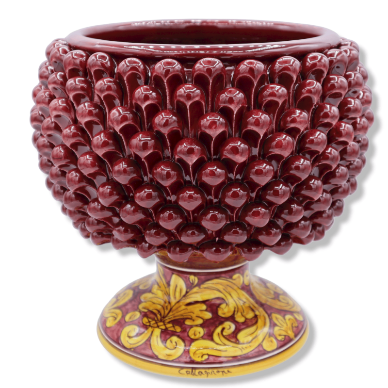 Caltagirone Mezza Pigna vase in Bordeaux color and Stem with baroque decoration, Ø 23 cm approx. Mod TD - 