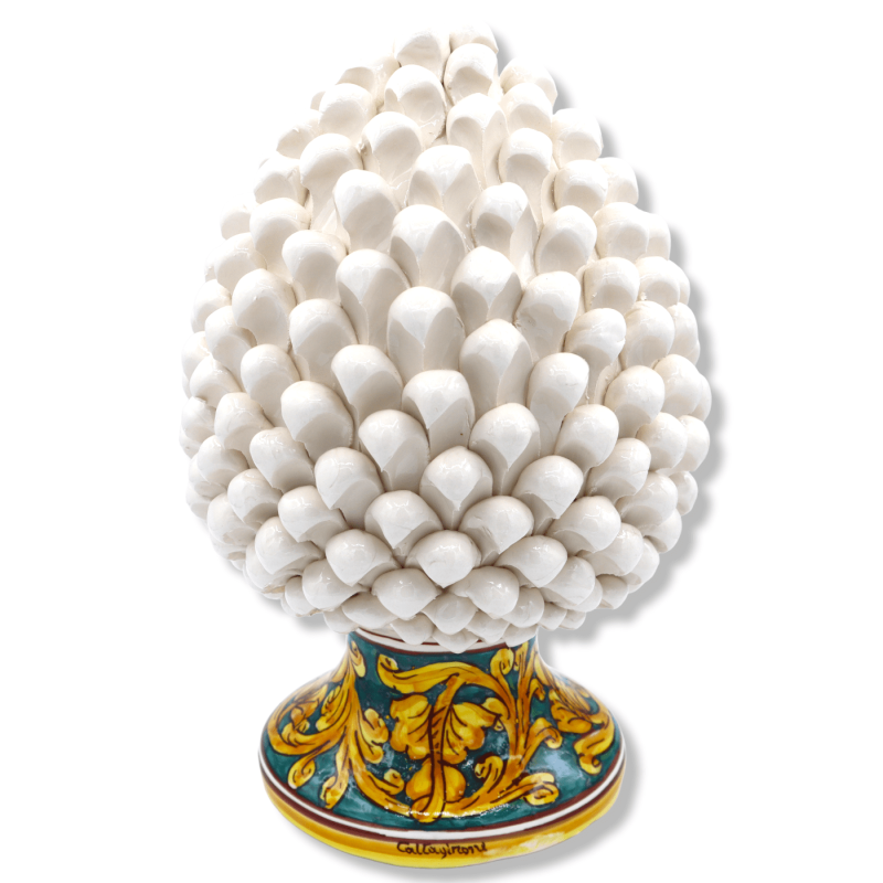 Piña de pino siciliano en cerámica Caltagirone blanca, tallo con decoración barroca, h 30/32 cm aprox. Mod.TD - 