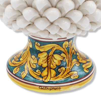 Sicilian pine cone in white Caltagirone ceramic, stem with baroque decoration, h30/32 cm approx. Mod. TD - 