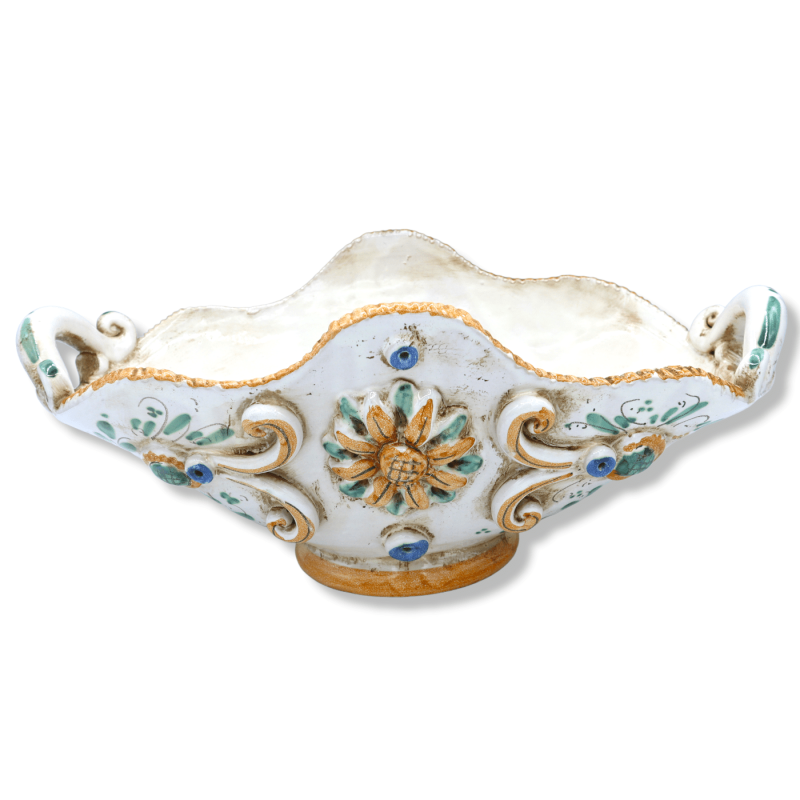 Centerpiece in Caltagirone ceramic, Baroque style decoration and flowers in relief, Width 37 cm, Height 15 cm approx. Mo