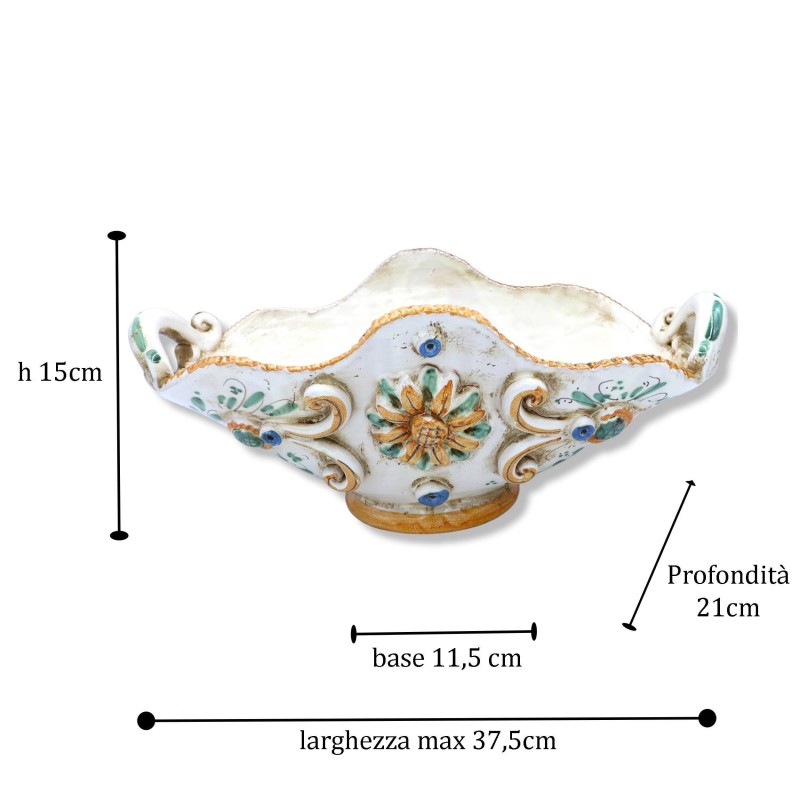 Centerpiece in Caltagirone ceramic, Baroque style decoration and flowers in relief, Width 37 cm, Height 15 cm approx. Mo