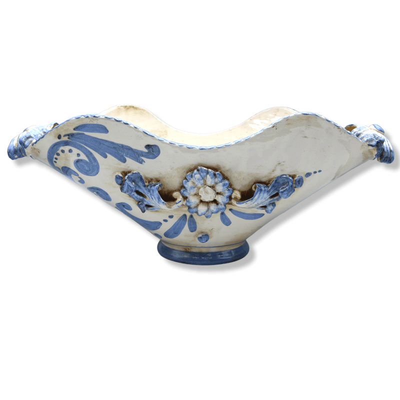 Centrotavola in ceramica di Caltagirone, decoro in stile Barocco e fiori in rilievo, Larghezza 50 cm, Altezza 20 cm ca. 