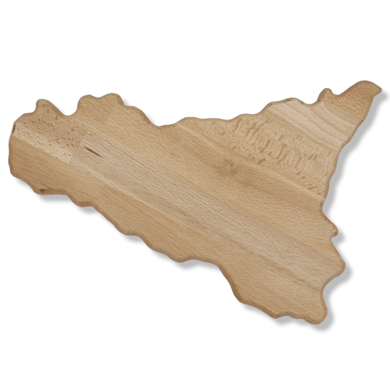 Tábua de cortar em madeira com formato siciliano, chanfrada nas laterais, furo para pendurar, disponível em dois tamanho