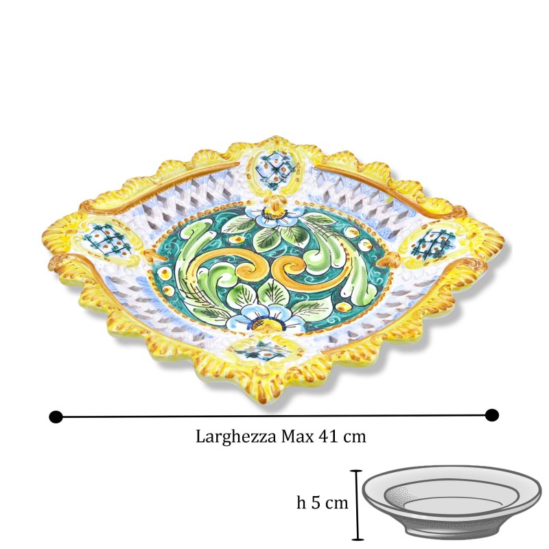 Centro de mesa en cerámica Caltagirone, festoneado y perforado, decoración barroca y flores, ancho aprox 40 cm. Modelo B