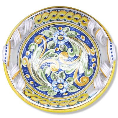Centrotavola con manici Torchon in ceramica Caltagirone, con 2 opzioni misura (1Unità) decoro barocco e fiori su fondo b