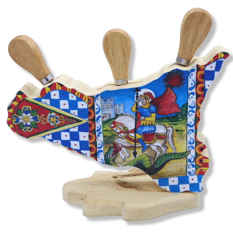 Porta utensili per formaggio in pregiato legno, decoro stile carretto siciliano e scena con San Giorgio, L 25 cm x h 23 