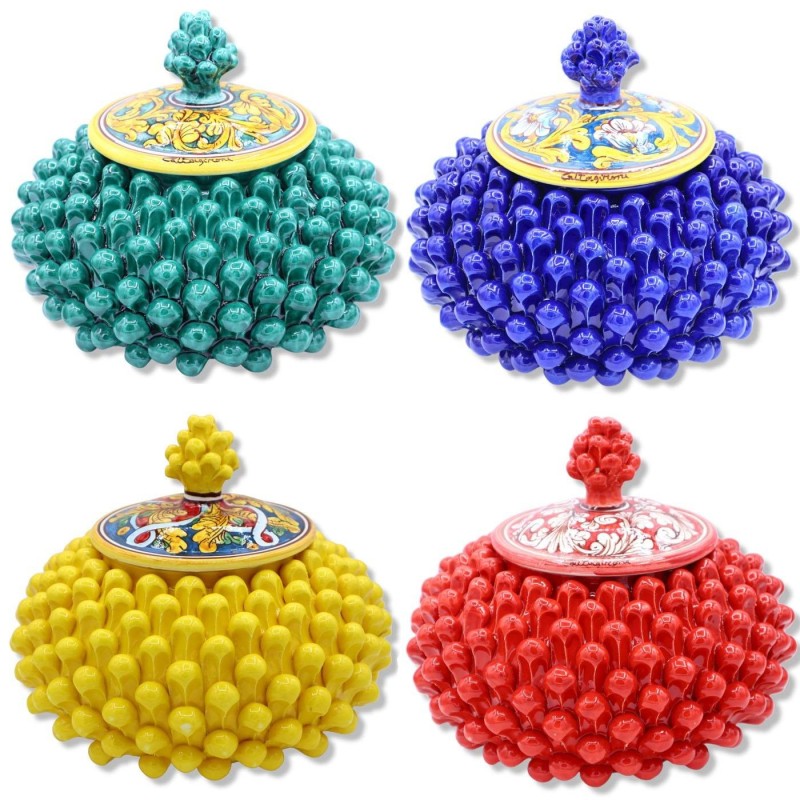 Słoik lub pudełko na biżuterię w kształcie szyszki sycylijskiej, ceramika Caltagirone Ø ok. 26 cm. (1 szt.) Różne dekora