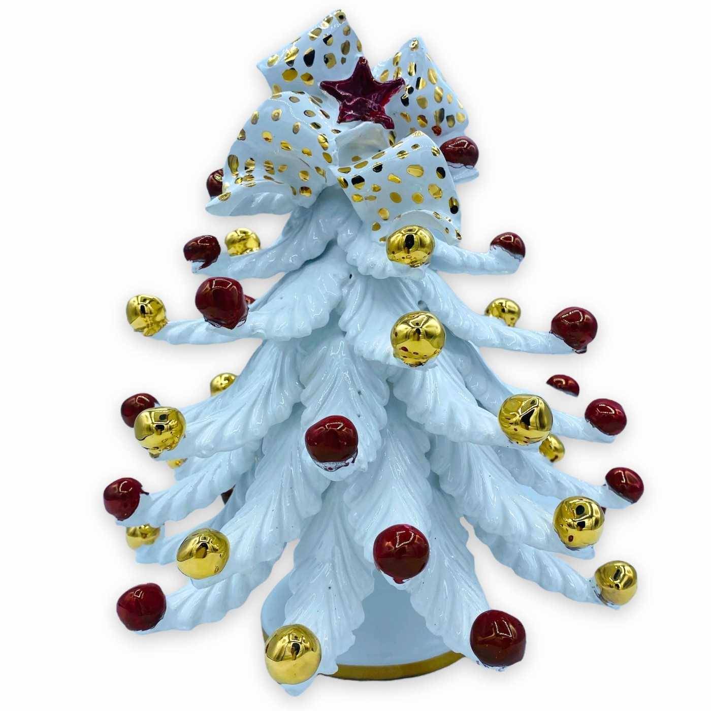 Série de árvore de Natal é cerâmica LITE de Caltagirone - Branco com arco e bolas  em Ouro Zecchino e Lustri Rubino - H 25 cm apr
