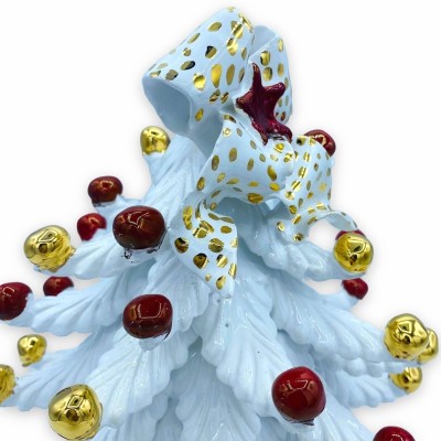Árvore de Natal série ÈLITE Cerâmica Caltagirone - Branco com Laço e bolas em Ouro Puro e Brilho Rubi - A 25 cm aprox. -