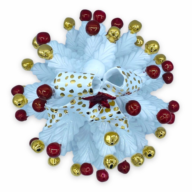 Árvore de Natal série ÈLITE Cerâmica Caltagirone - Branco com Laço e bolas em Ouro Puro e Brilho Rubi - A 25 cm aprox. -