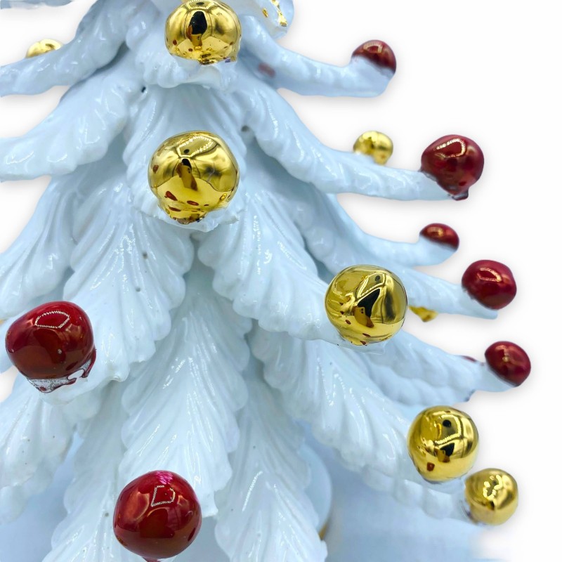 Albero di Natale serie ÈLITE ceramica di Caltagirone, h 25 cm ca. Bianco con Fiocco e palline in Oro Zecchino e Lustri R
