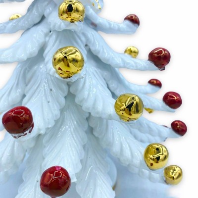 Árvore de Natal série ÈLITE Cerâmica Caltagirone - Branco com Laço e bolas em Ouro Puro e Brilho Rubi - A 25 cm aprox. -