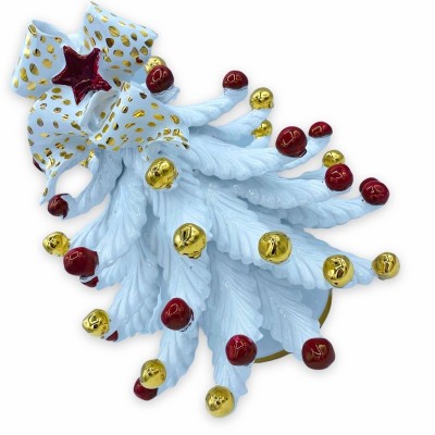 Árvore de Natal série ÈLITE Cerâmica Caltagirone - Branco com Laço e bolas em Ouro Puro e Brilho Rubi - A 25 cm aprox. -