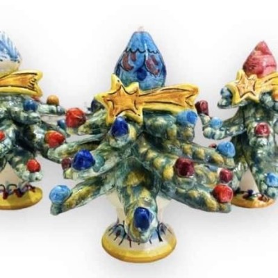 Weihnachtsbaum mit Spitze, Kometenstern und verzierten Kugeln, Caltagirone-Keramik – Höhe 15 cm, Modell FB (1 Stück) - 