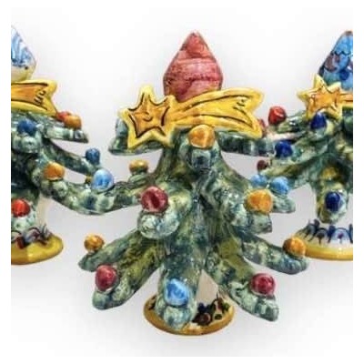 Weihnachtsbaum mit Spitze, Kometenstern und verzierten Kugeln, Caltagirone-Keramik – Höhe 15 cm, Modell FB (1 Stück) - 