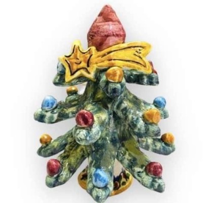 Weihnachtsbaum mit Spitze, Kometenstern und verzierten Kugeln, Caltagirone-Keramik – Höhe 15 cm, Modell FB (1 Stück) - 