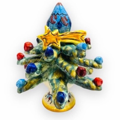 Weihnachtsbaum mit Spitze, Kometenstern und verzierten Kugeln, Caltagirone-Keramik – Höhe 15 cm, Modell FB (1 Stück) - 