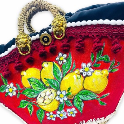 Coffa LIMONI en palmier nain, sac doublé typiquement sicilien, avec applications et panneau et passementerie peints à la