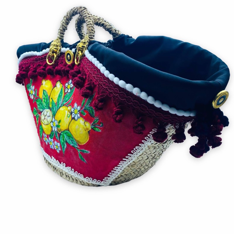 Coffa LIMONI in palma nana tipica borsa siciliana foderata, con applicazioni e pannello dipinto a mano e passamanerie - 