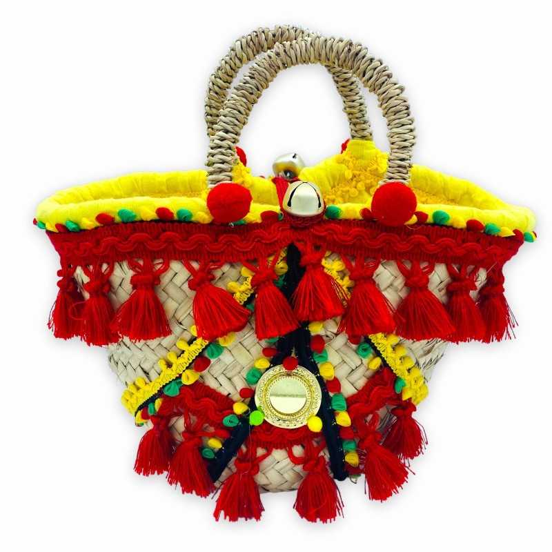 Coffa SICILIA in dwarf palm typical Sicilian bag lined, with trimmings, pom poms and mirrors - 30x28 cm - 