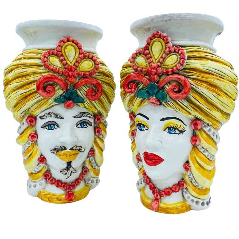 Pair of Sicilian heads Crown model Caltagirone ceramic smooth vase height 32 cm Yellow and Orange base color, Mod RP - 