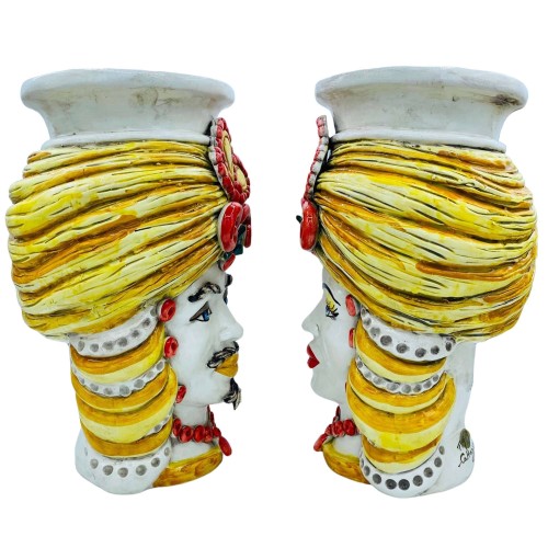 Têtes de lande siciliennes (paire) h environ 32 cm Vase en céramique lisse modèle couronne Caltagirone, jaune et orange  2