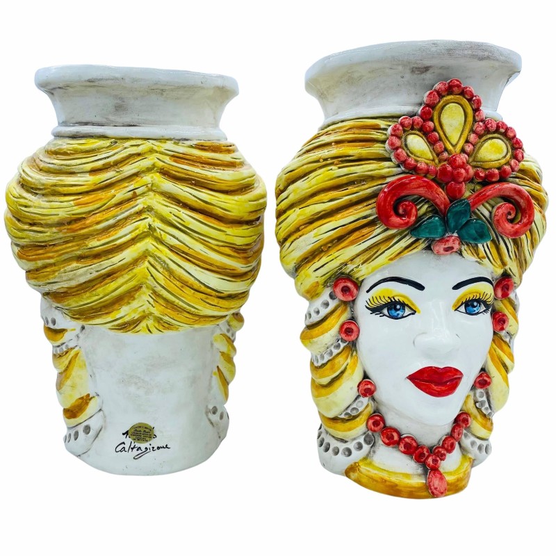 Sizilianische Moorköpfe (Paar) H ca. 32 cm Glatte Keramikvase Modell Crown Caltagirone, Gelb und Orange - 