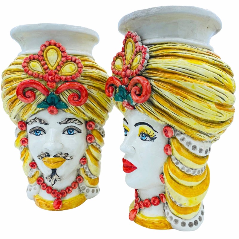 Sizilianische Moorköpfe (Paar) H ca. 32 cm Glatte Keramikvase Modell Crown Caltagirone, Gelb und Orange - 