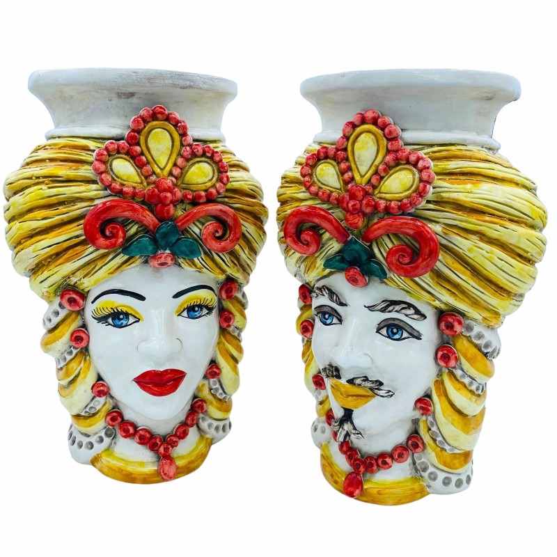 Sizilianische Moorköpfe (Paar) H ca. 32 cm Glatte Keramikvase Modell Crown Caltagirone, Gelb und Orange - 