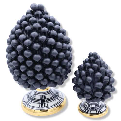 Pigna siciliana Caltagirone serie Èlite, nero satinato e gambo Design moderno, smalto in Oro Zecchino, disponibile in du