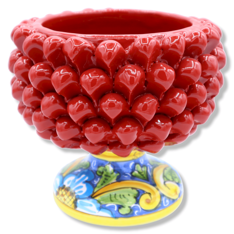 Vase demi Pigna en céramique fine - Ø environ 20 cm couleur rouge avec tige et décor baroque et fleurs - 